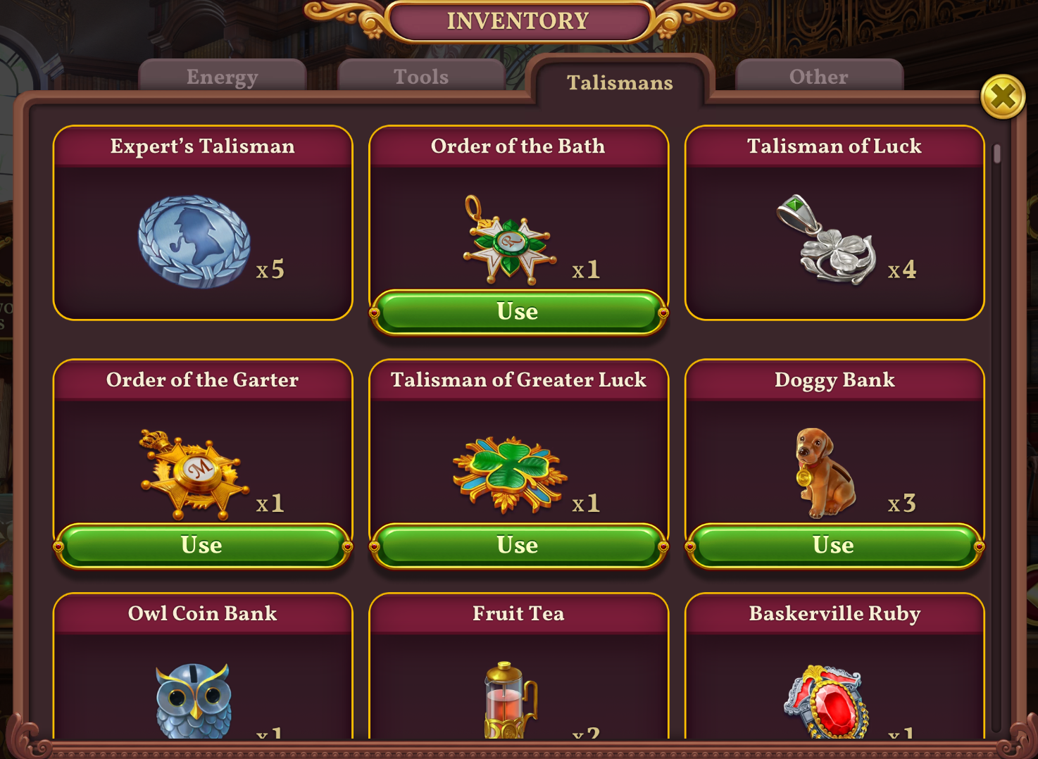 What is in the Talismans tab? G5 Entertainment